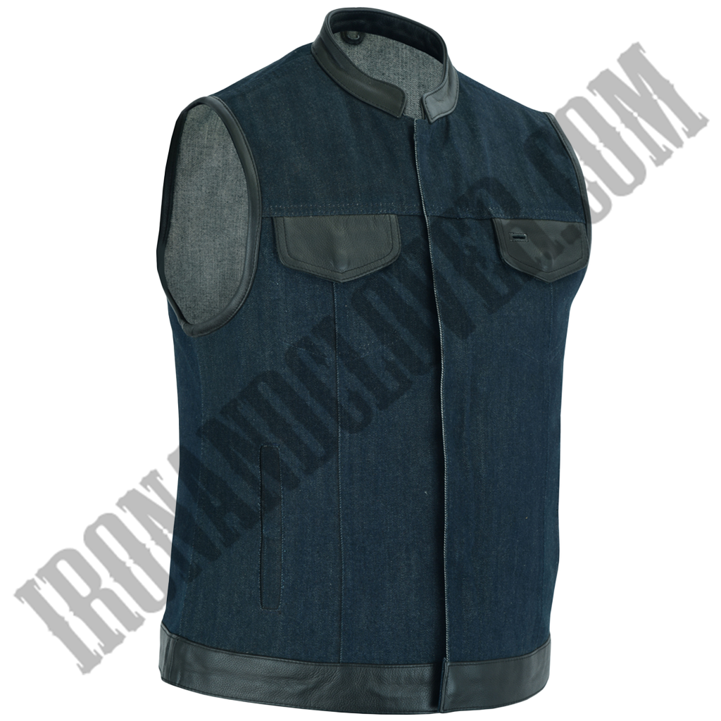 Denim Vest in Raw Finish Blue & Leather