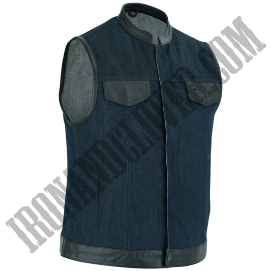 Denim Vest in Raw Finish Blue & Leather