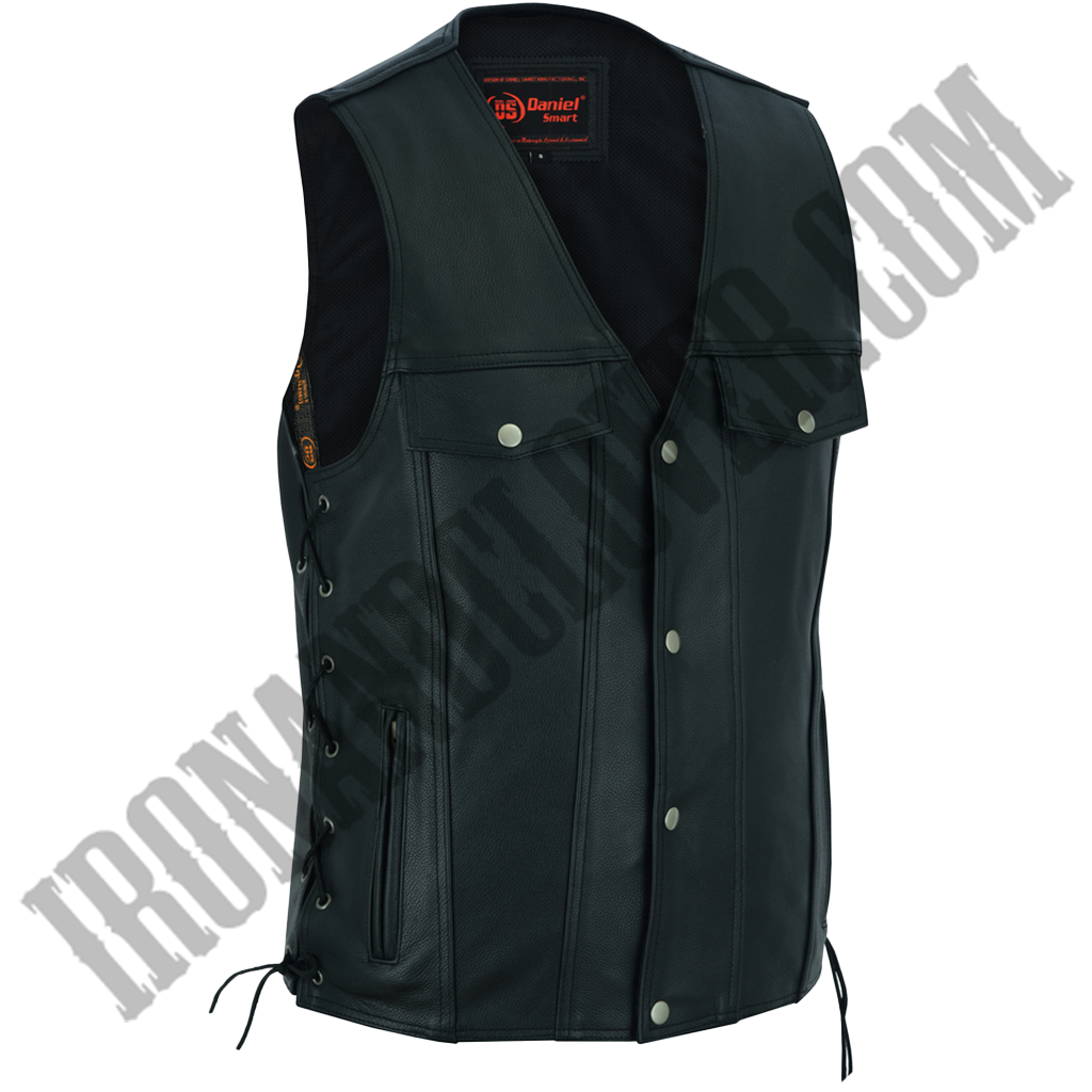 Black Leather Vest with Side Laces & CC Pockets