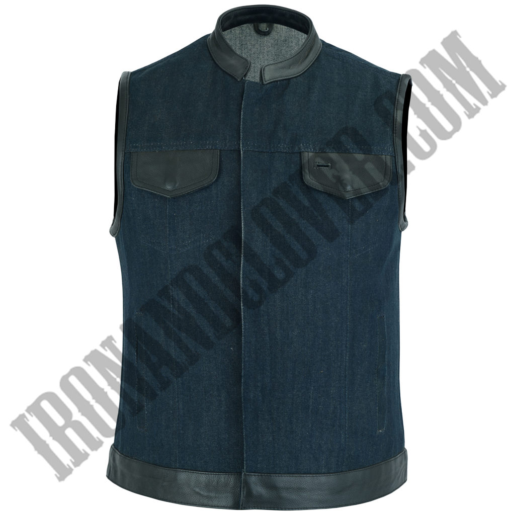 Denim Vest in Raw Finish Blue & Leather