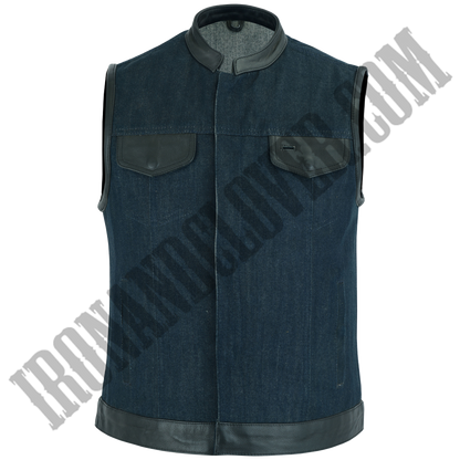 Denim Vest in Raw Finish Blue & Leather