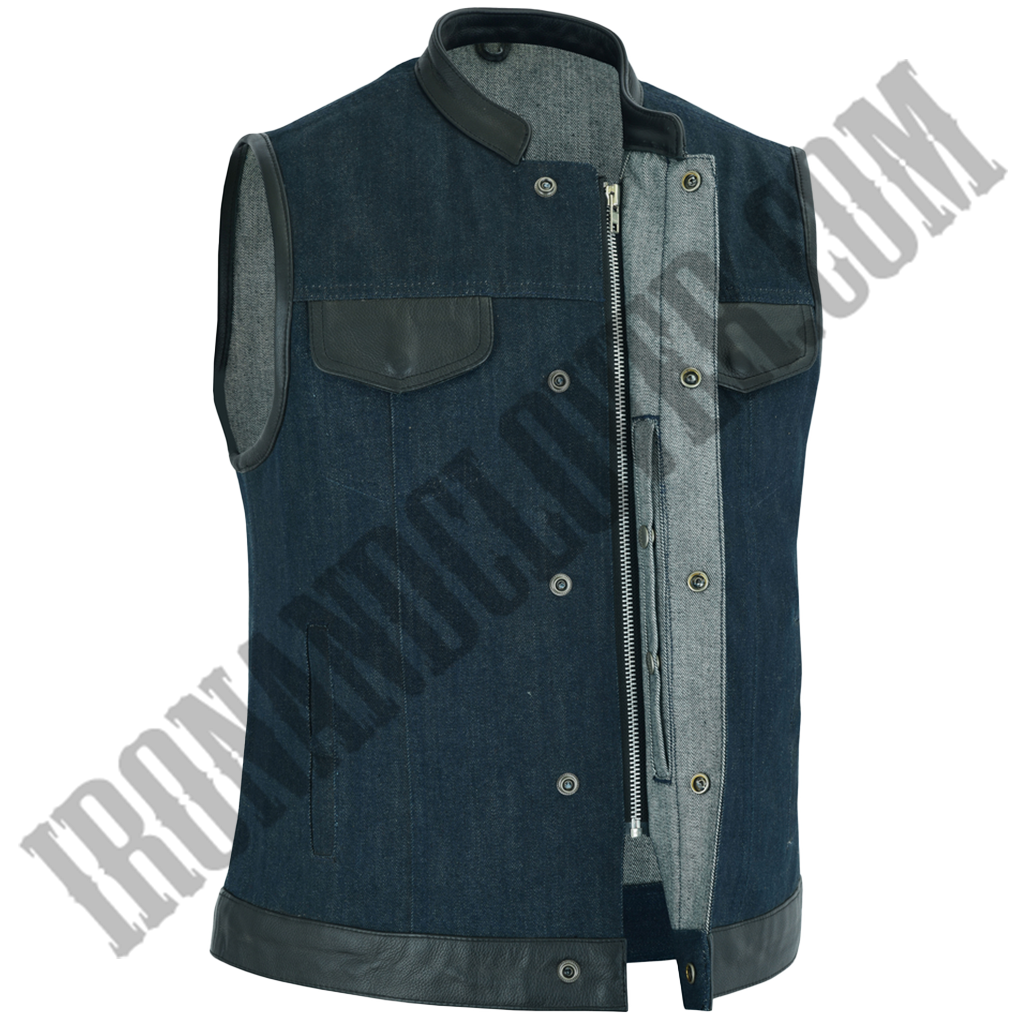 Denim Vest in Raw Finish Blue & Leather