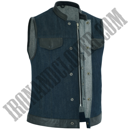 Denim Vest in Raw Finish Blue & Leather