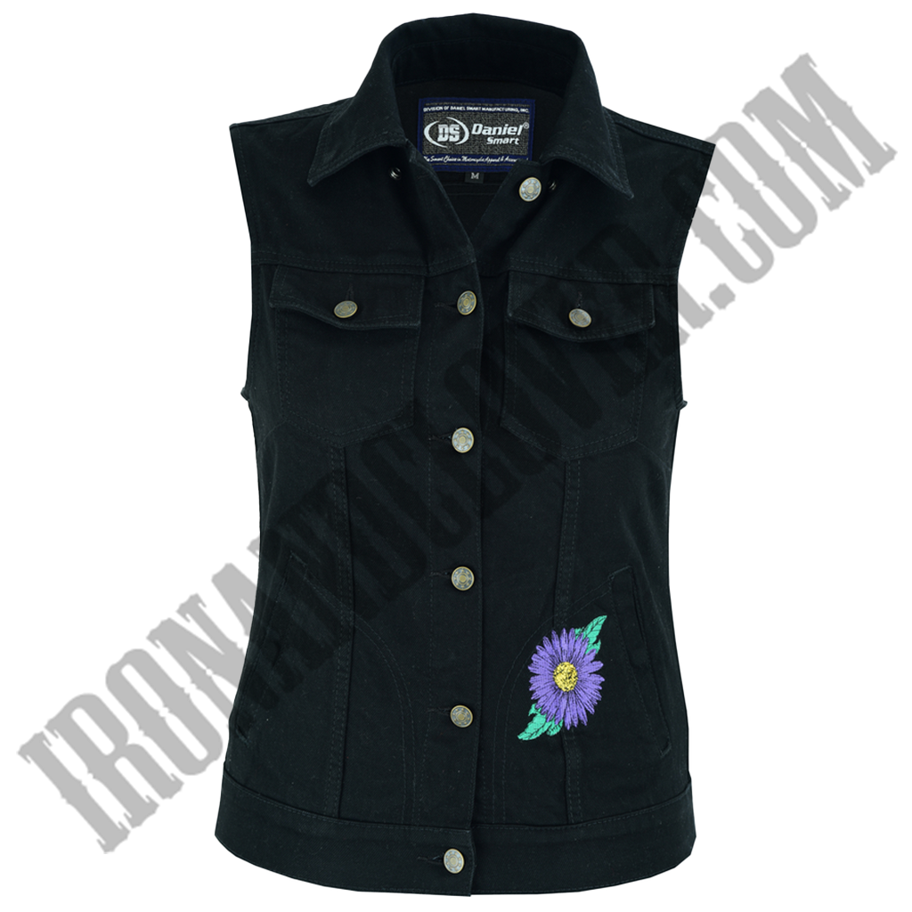 Black Denim Vest with Purple Daisies