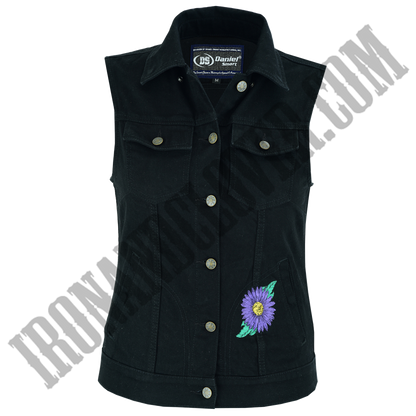 Black Denim Vest with Purple Daisies