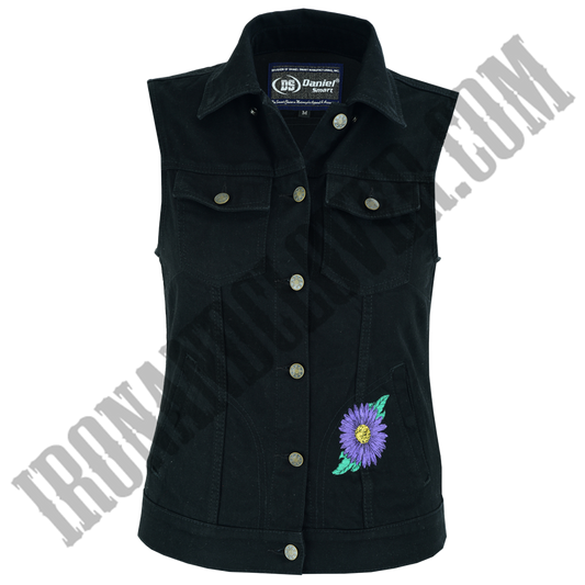 Black Denim Vest with Purple Daisies