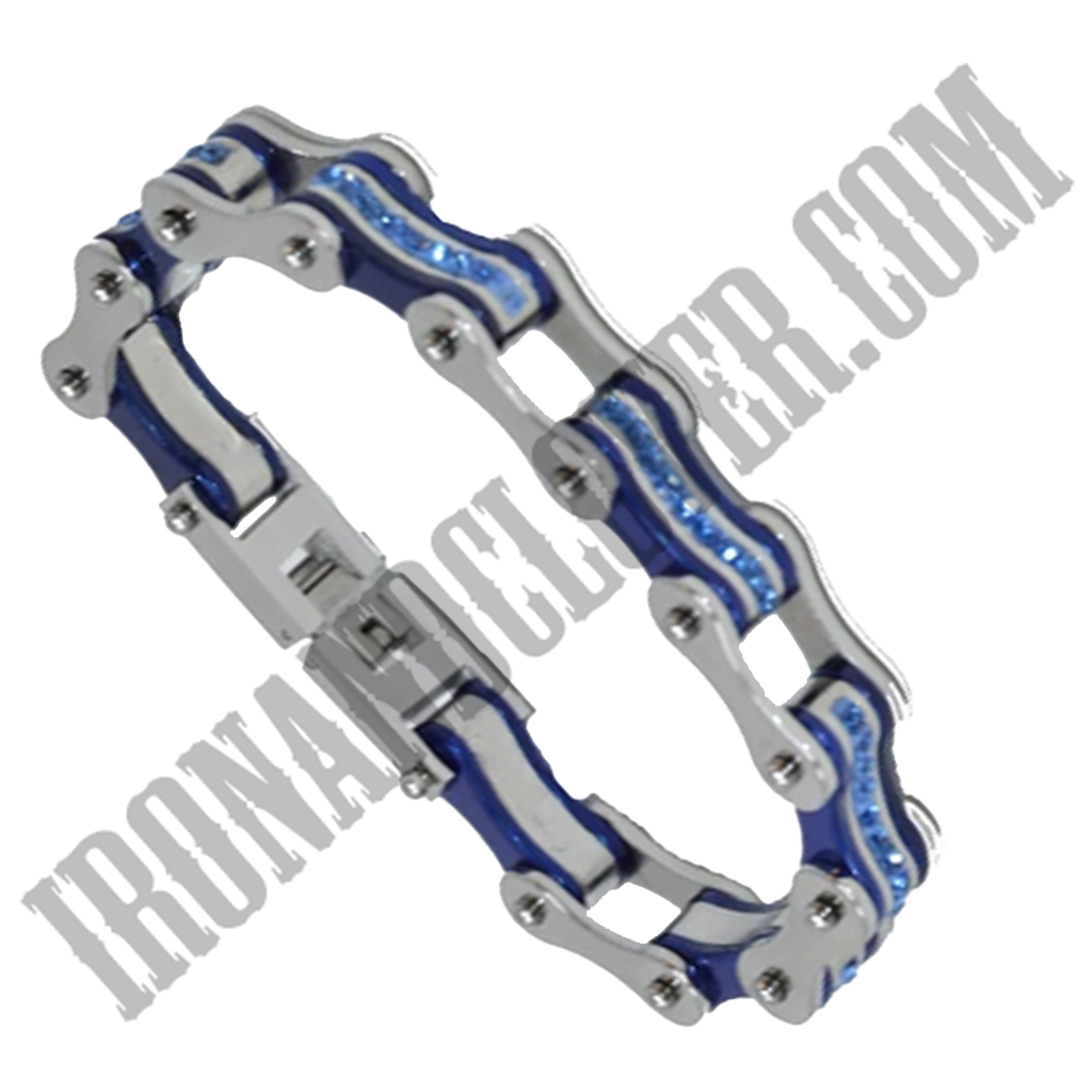 Bike Chain Bracelet in Silver & Candy Blue with Blue Crystal Centers