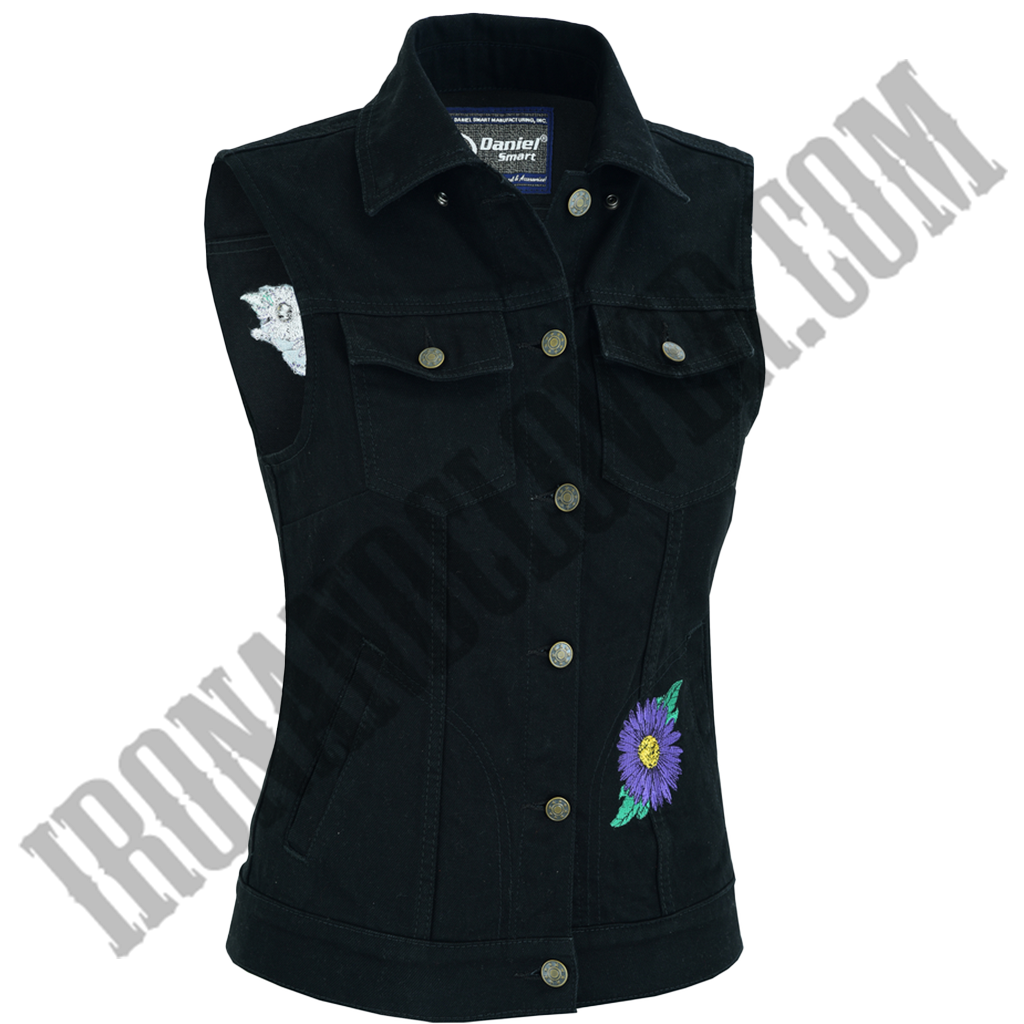 Black Denim Vest with Purple Daisies