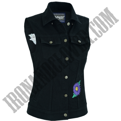 Black Denim Vest with Purple Daisies