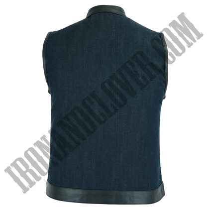 Denim Vest in Raw Finish Blue & Leather