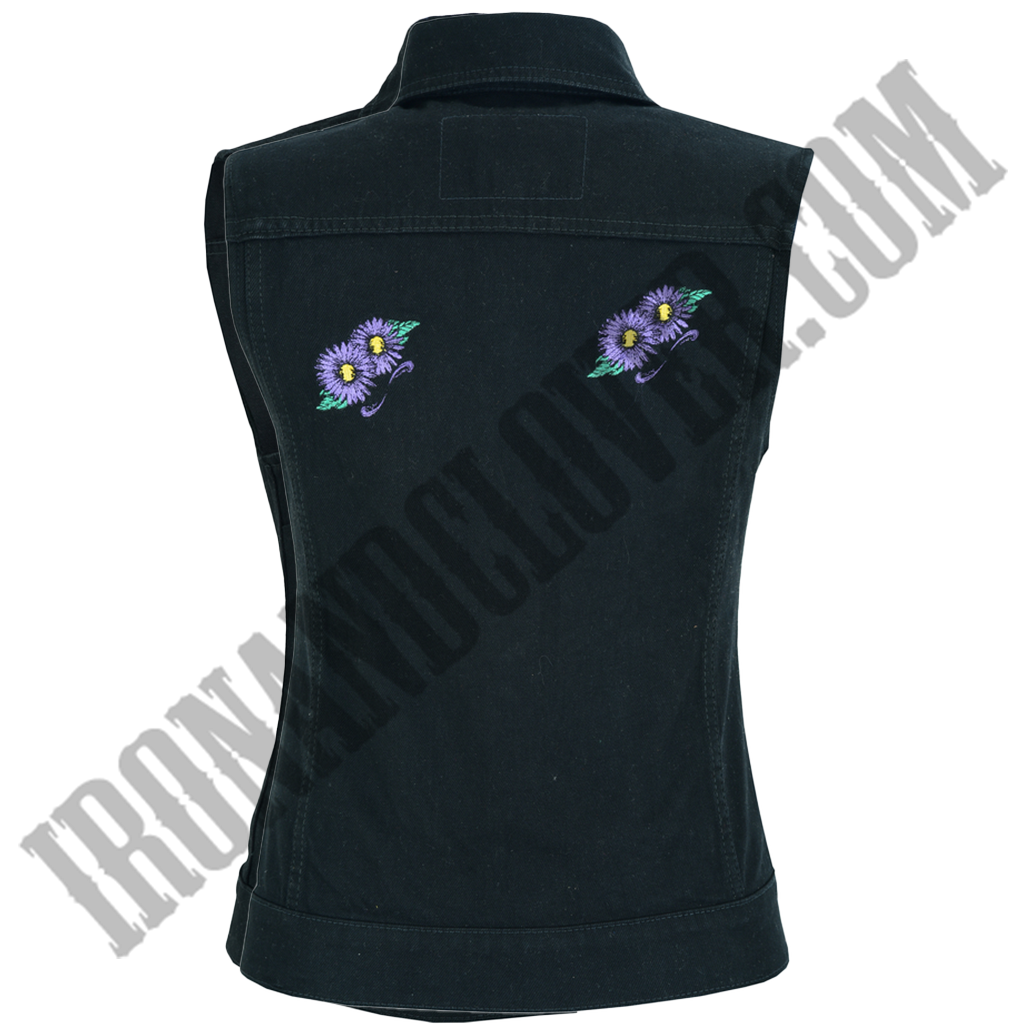 Black Denim Vest with Purple Daisies