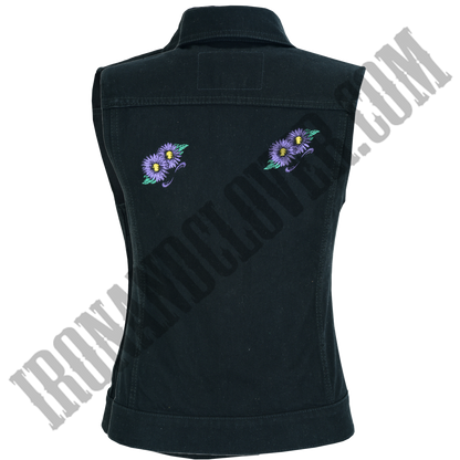 Black Denim Vest with Purple Daisies