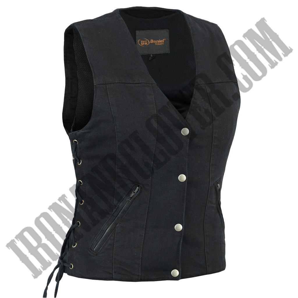 Classic Denim Motorcycle Vest with Side Laces in Black