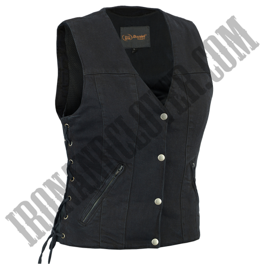 Classic Denim Motorcycle Vest with Side Laces in Black