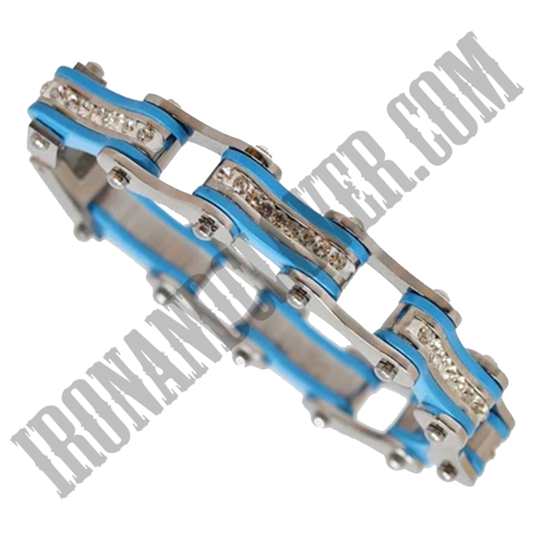 Bike Chain in Silver & Turquoise with White Crystal Centers