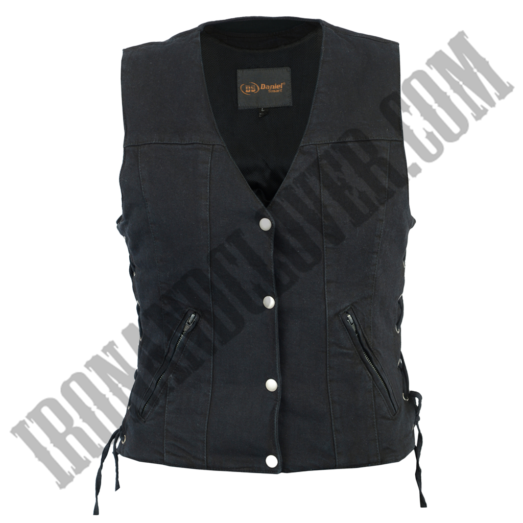 Classic Denim Motorcycle Vest with Side Laces in Black