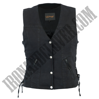 Classic Denim Motorcycle Vest with Side Laces in Black