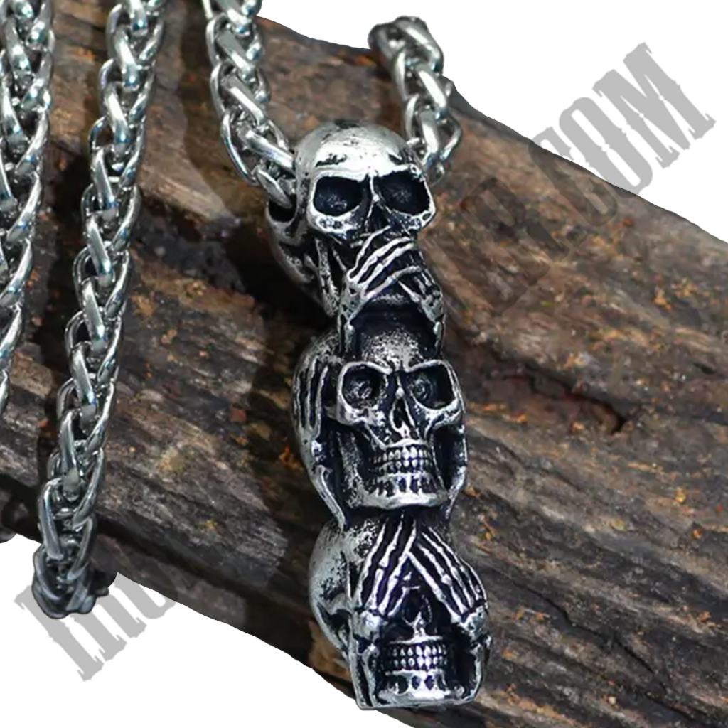 Three Wise Skulls Pendant Necklace