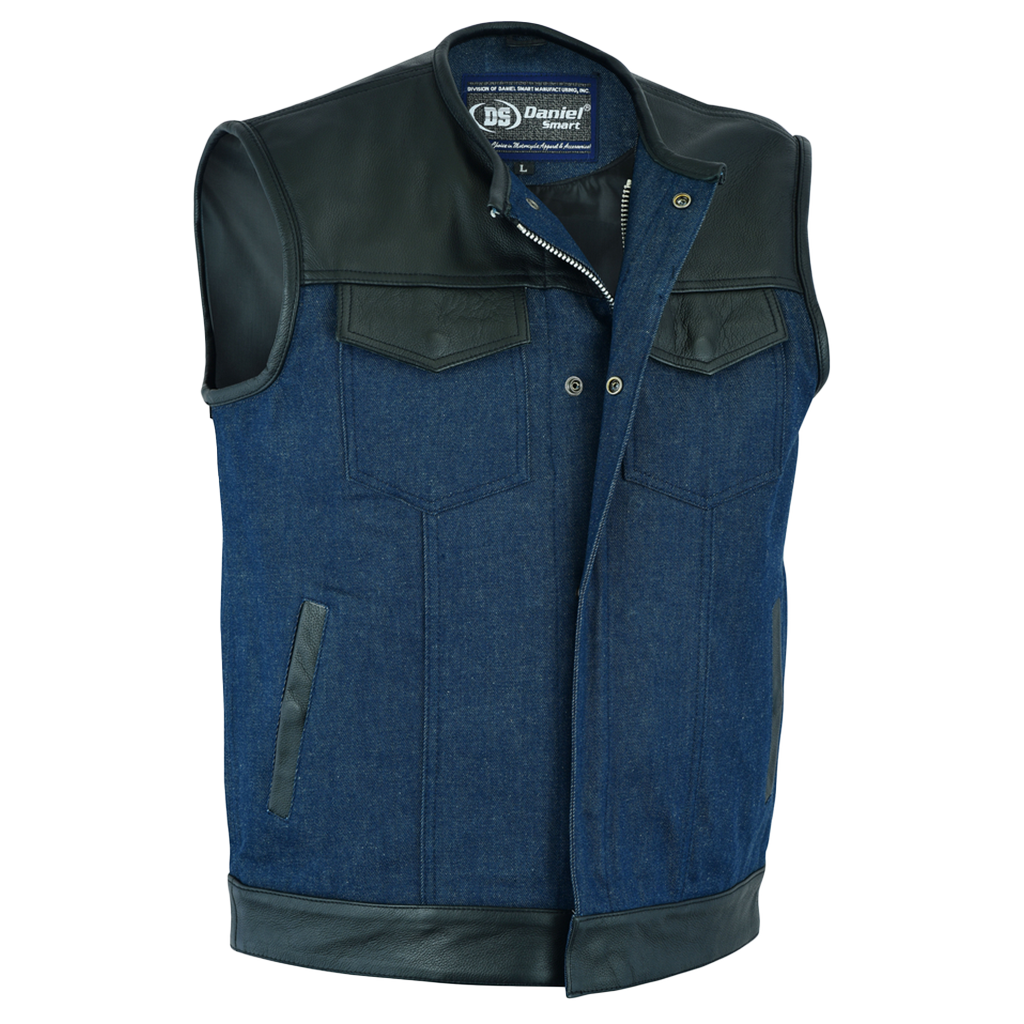 No Collar Leather & Denim Vest in Black n' Blue