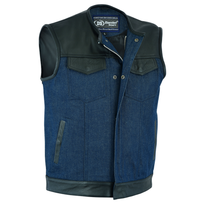 No Collar Leather & Denim Vest in Black n' Blue