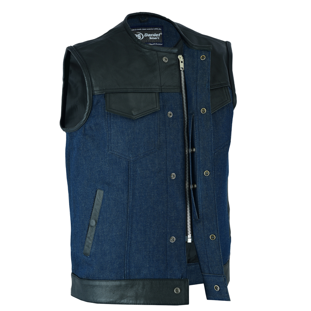 No Collar Leather & Denim Vest in Black n' Blue