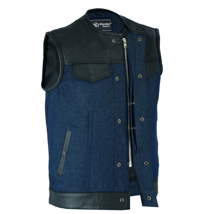 No Collar Leather & Denim Vest in Black n' Blue