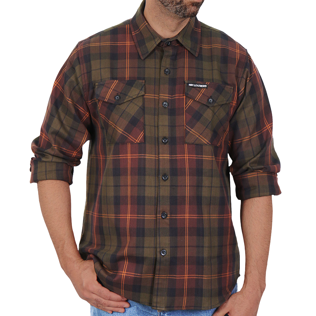 Men's Flannel Shirt in Green, Orange & Brown