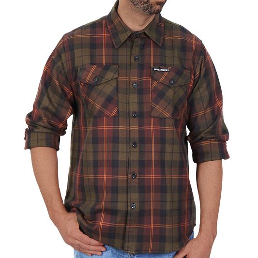 Men's Flannel Shirt in Green, Orange & Brown