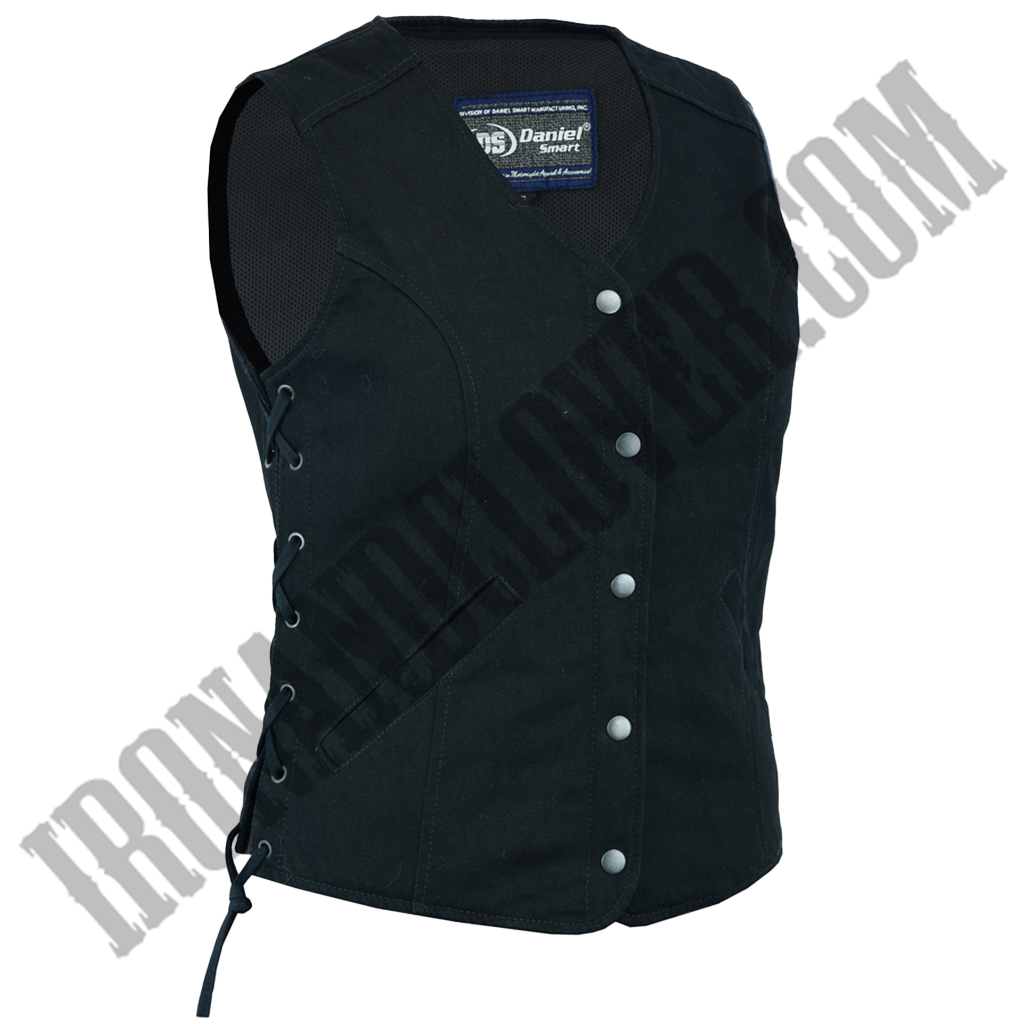 Traditional Denim Vest with Side Laces in Black