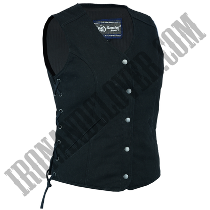 Traditional Denim Vest with Side Laces in Black