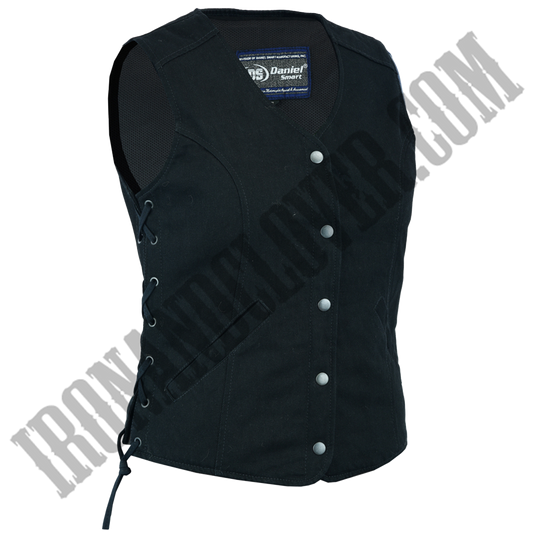 Traditional Denim Vest with Side Laces in Black