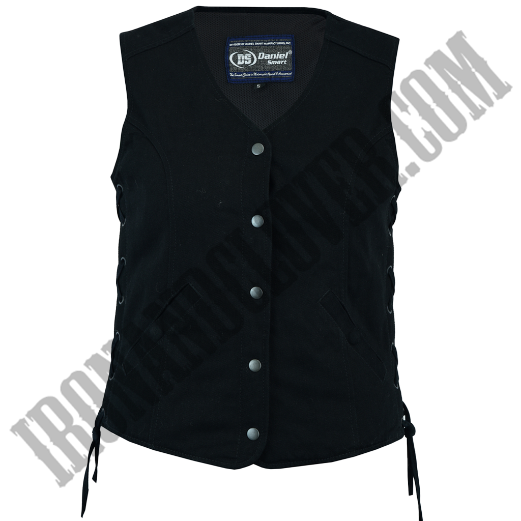 Traditional Denim Vest with Side Laces in Black