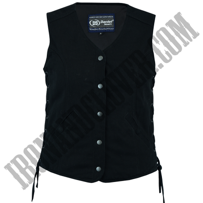 Traditional Denim Vest with Side Laces in Black