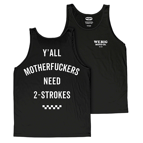 Black tank top with bold 2-stroke graphic text on back