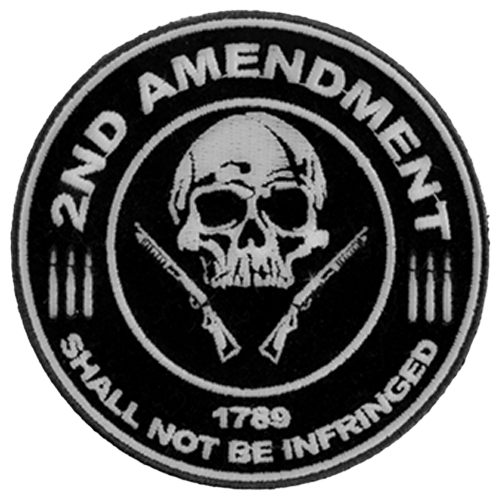 Round embroidered patch with skull and crossed rifles reading 2nd Amendment Shall Not Be Infringed 1789