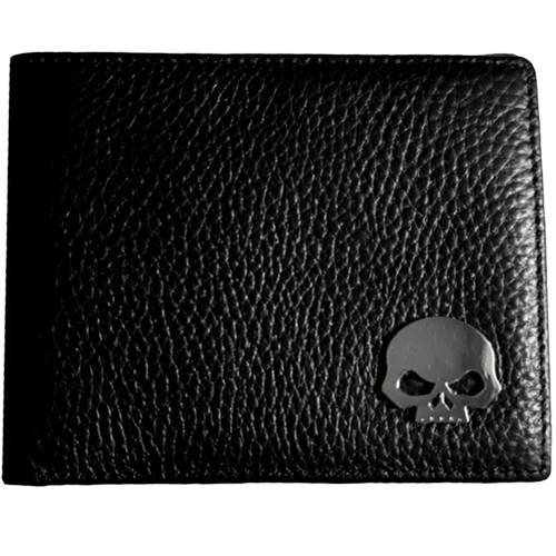 Black leather wallet with a skull emblem