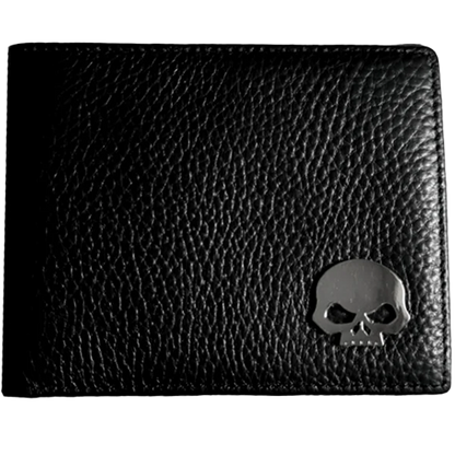 Black leather wallet with a skull emblem