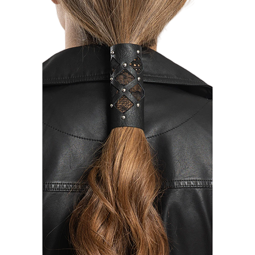 A person wearing a black leather jacket and a 4-inch diamond cut-out hair glove with lace and rivets in the center, holding a ponytail.