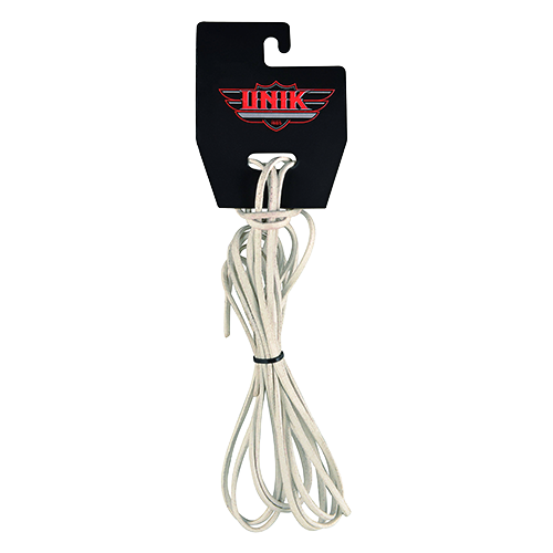 Six-foot white premium cowhide leather laces for motorcycle vests and leather gear.