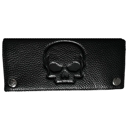 Black leather wallet with skull design.