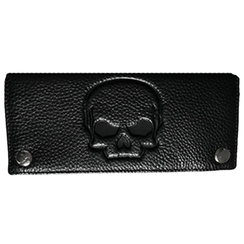 Black leather wallet with skull design.