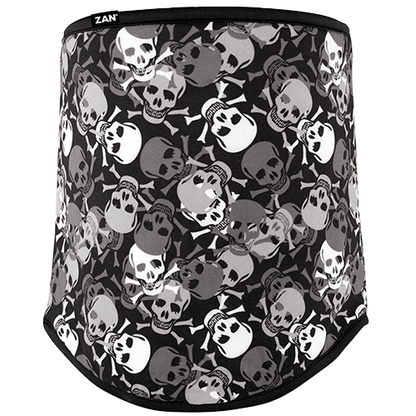 A neck gaiter with a black and white skull pattern and a ZAN brand logo at the top center.