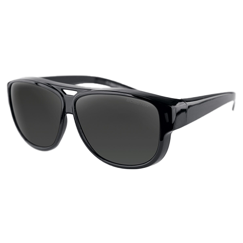 A pair of glossy black sunglasses with a full plastic frame designed to fit over prescription glasses.