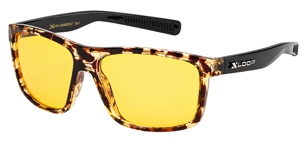 Amber Outlaw yellow-lens sports-wrap sunglasses with a crystal tortoise frame and black temples
