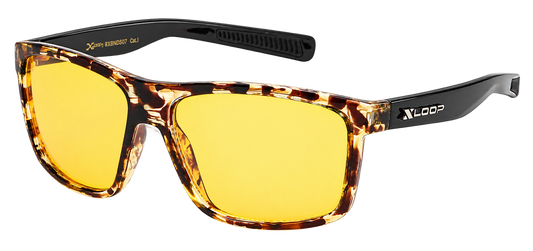 Amber Outlaw yellow-lens sports-wrap sunglasses with a crystal tortoise frame and black temples
