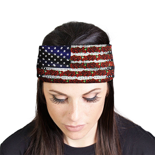 Woman wearing an American flag and red roses rhinestone headband wrap.