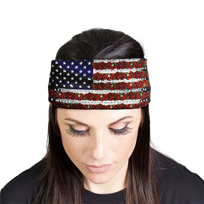 Woman wearing an American flag and red roses rhinestone headband wrap.