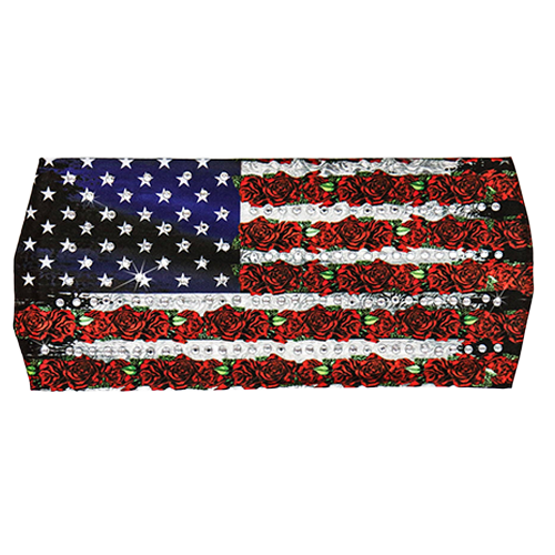 American flag stretch headband featuring red roses and rhinestone accents.