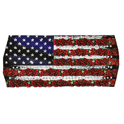 American flag stretch headband featuring red roses and rhinestone accents.