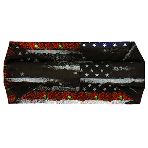 Back view of the stretch headband showing the continuation of the flag and rose design.